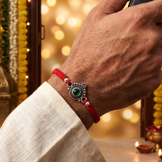 Oxidized Silver Green Stone Rakhi