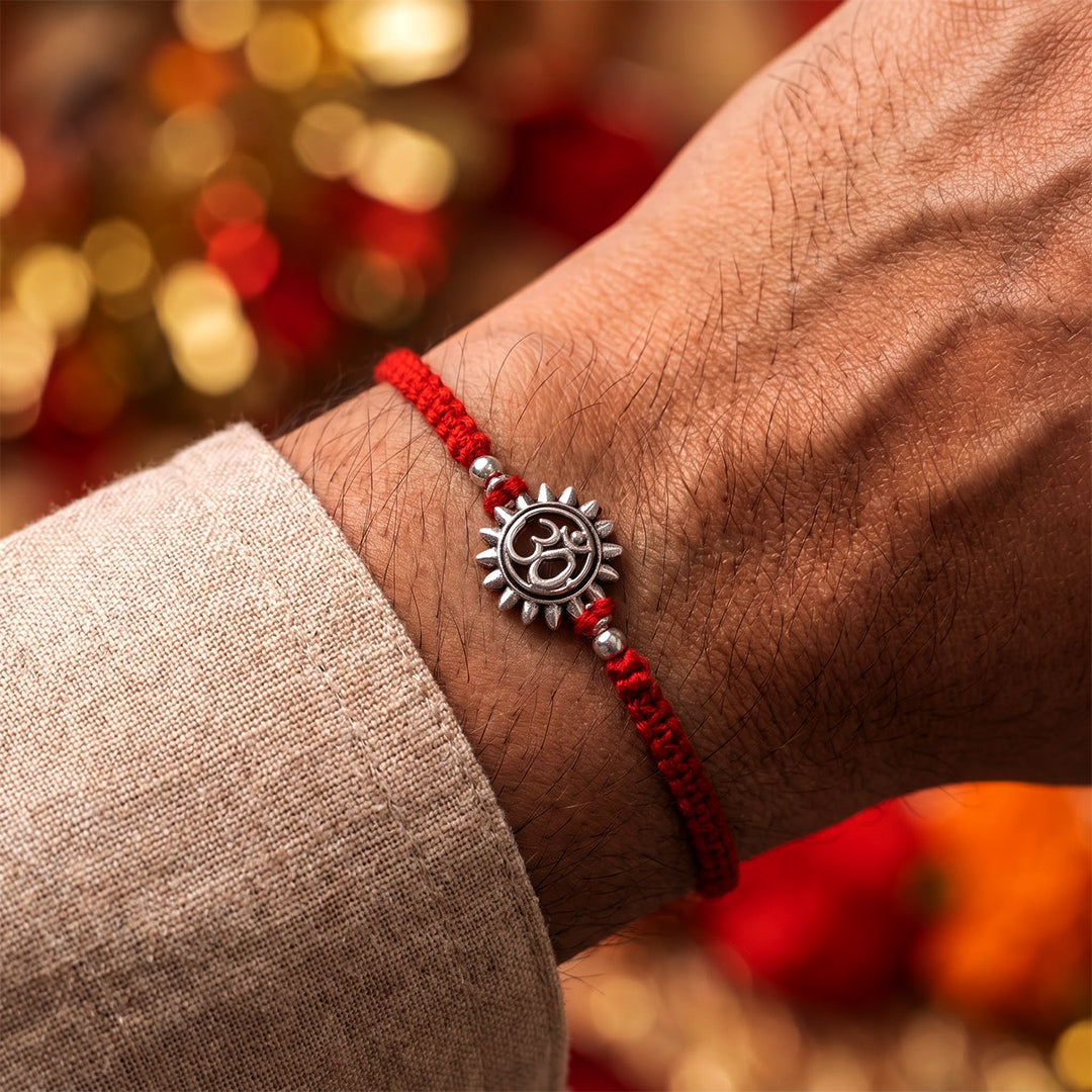 Om Sun Silver Red Thread Rakhi