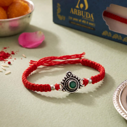 Oxidized Silver Green Stone Rakhi
