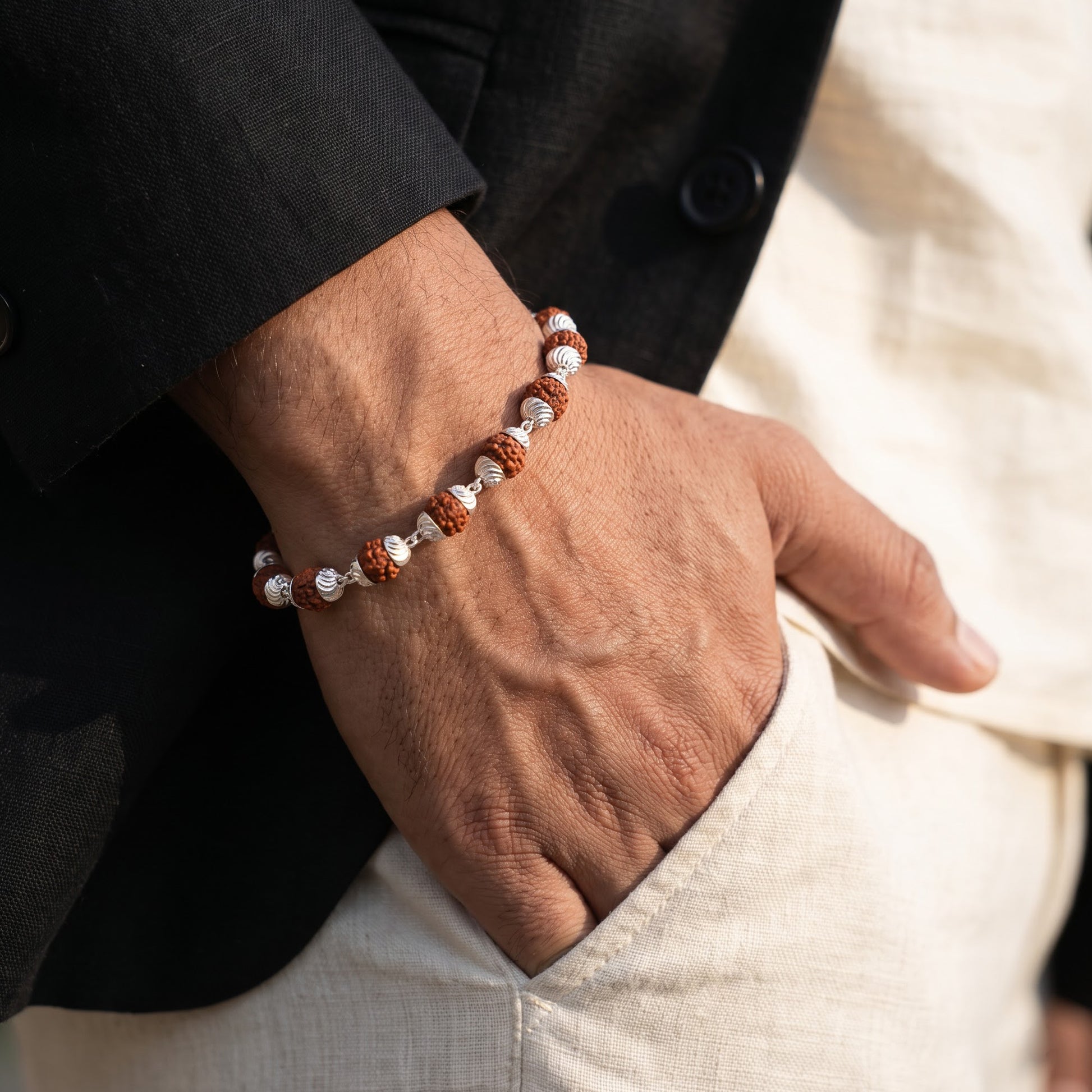 Rudraksha Fluted Silver Cap Lucky Bracelet