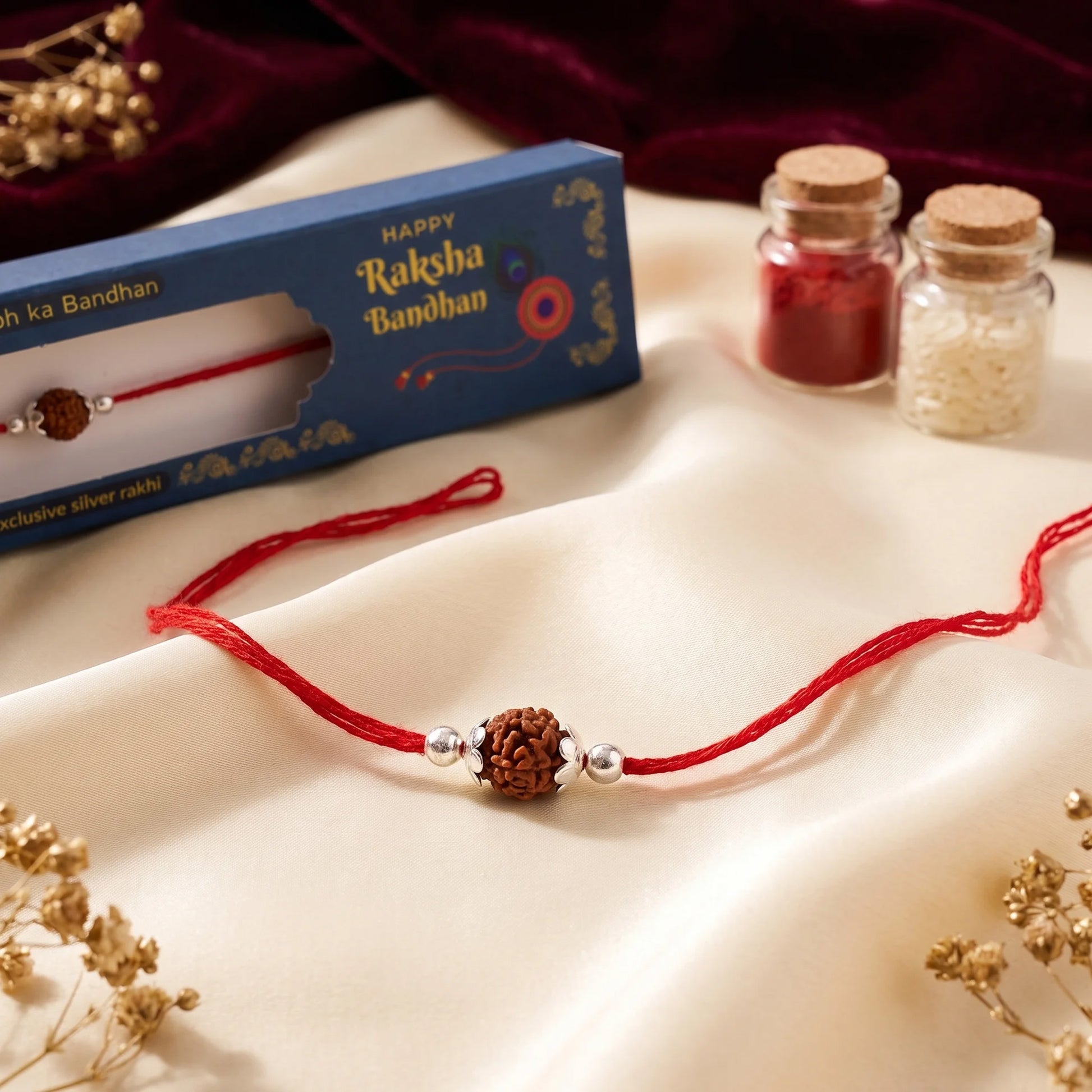 Single Rudraksha Silver Rakhi